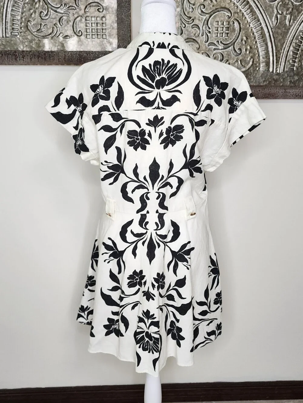 Zara Cream & Black Floral Linen Blend Button-Front Fit-and-Flare Dress Large - Picture 11 of 16